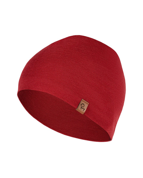 the menique kids' merino beanie in the color royal cherry, white background.