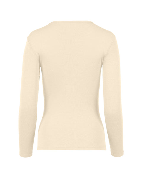 The menique women's long sleeve 250gsm merino top in natural color, back view.
