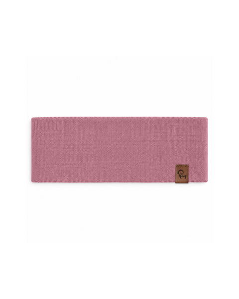 A product flat lay showing a rectangular dusty rose-pink knit headband laid flat against a white background.