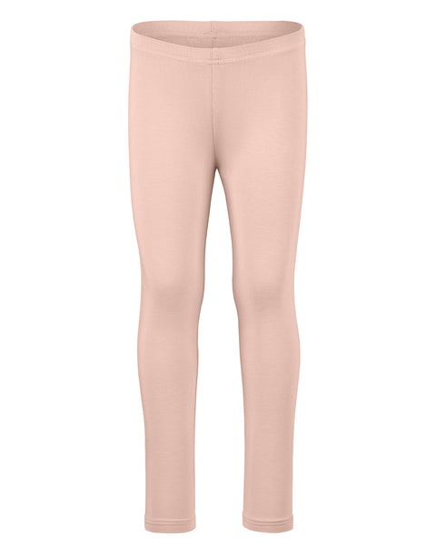 A product shot of light pink children's leggings displayed flat against a plain white background.