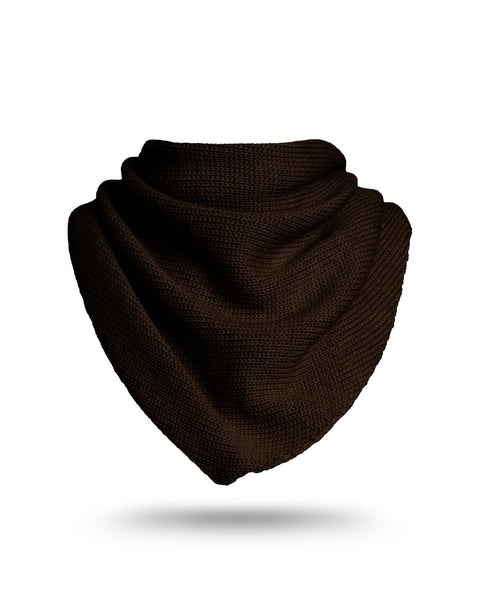 Large brown knitted bandana neck scarf with textured stitch pattern, isolated on a white background.