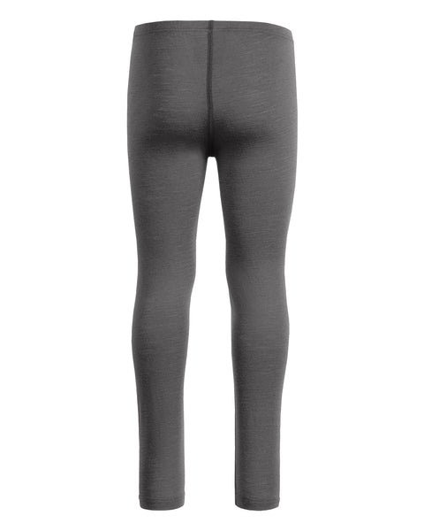 Back view of kids’ gray Merino wool leggings, lightweight and slim fit.