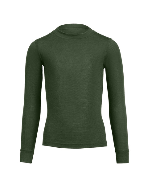 the menique 160gsm kids' merino set of long sleeve top and pants in dark green, front view.