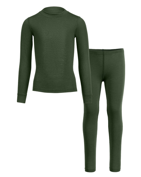 Kids' 160 Long Sleeve & Bottom 2-Piece Dark Green, front view.