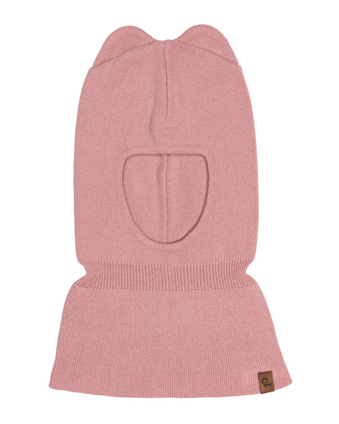 the menique cotton knit balaclava for kids in candy pink color in a white background.