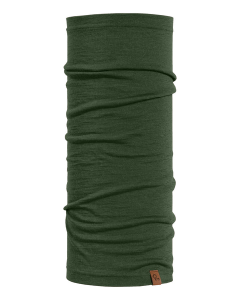 Dark Green neck gaiter made of Merino wool, shown standing upright on a white background.