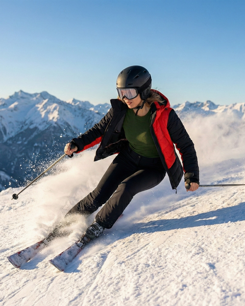 Woman skiing on a sunlit mountain slope wearing a dark green merino wool base layer set, demonstrating flexibility and warmth in winter conditions.