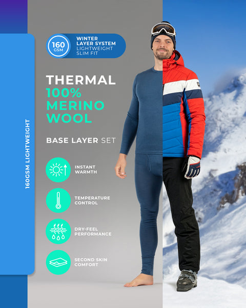 Thermounterwäsche-Set für Herren aus 160 g/m² schwerem, 100 % Merinowolle, leichte Winterunterwäsche zum Skifahren und für kalte Schichten