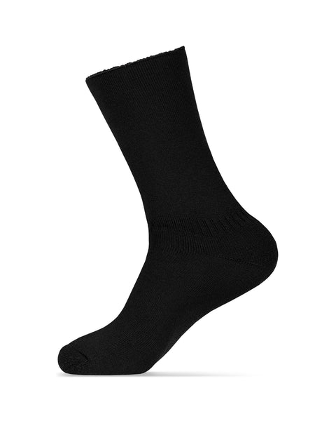 The menique women's merino lined sherpa socks in color black, in a white background, side view.