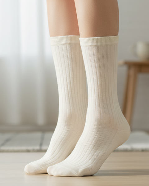 Close-up of a person wearing cream-colored ribbed socks, standing indoors on a light wooden floor with soft natural light.