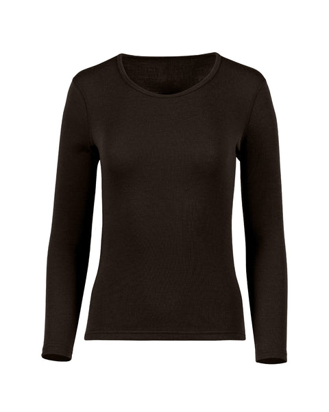 Product flat lay of a women's dark brown long-sleeve crewneck thermal top against a plain white background.