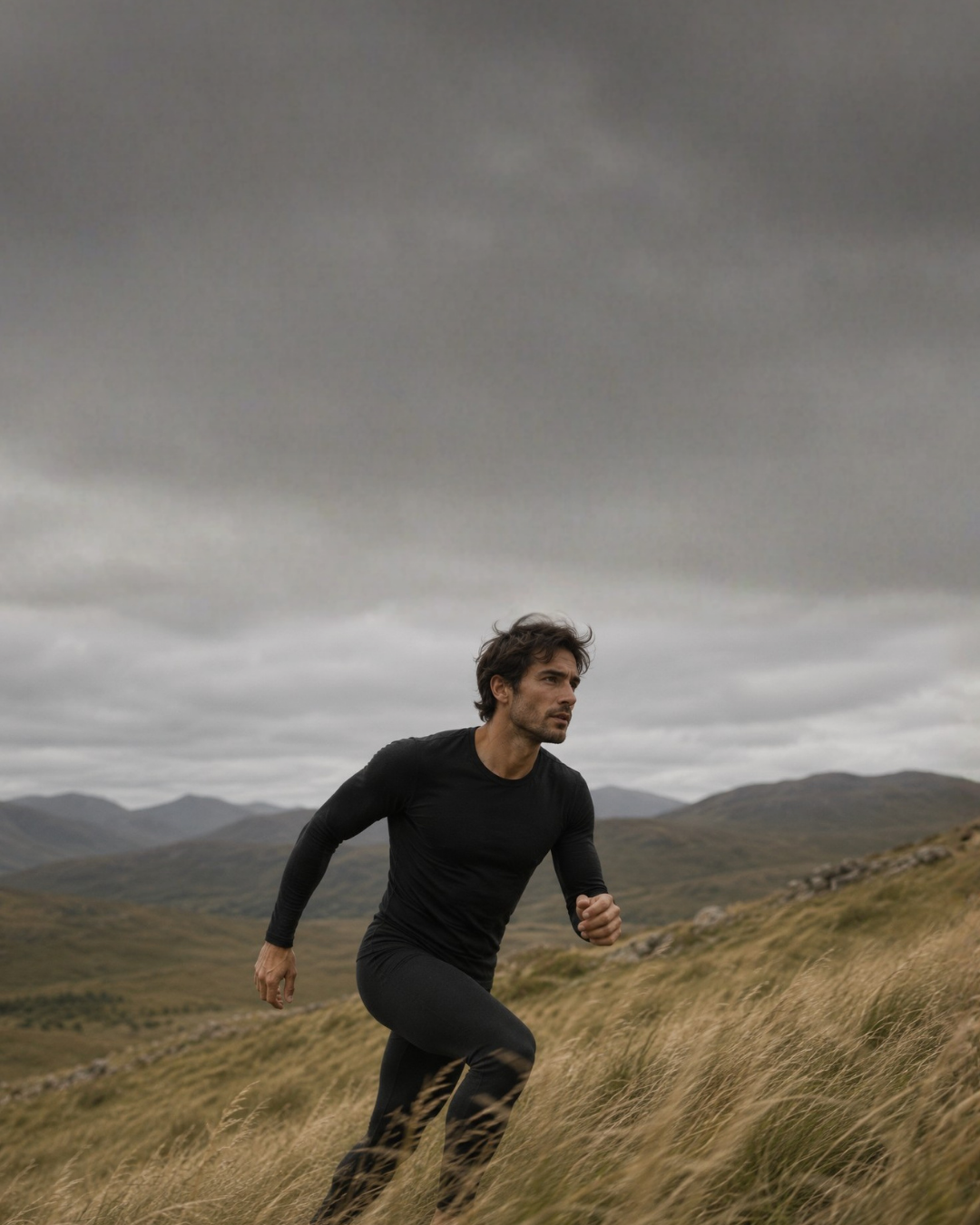 A man in a fitted black long-sleeved top and leggings runs uphill through a field of tall, dry grass. He looks determinedly ahead against a backdrop of rolling mountains and a heavily clouded sky.