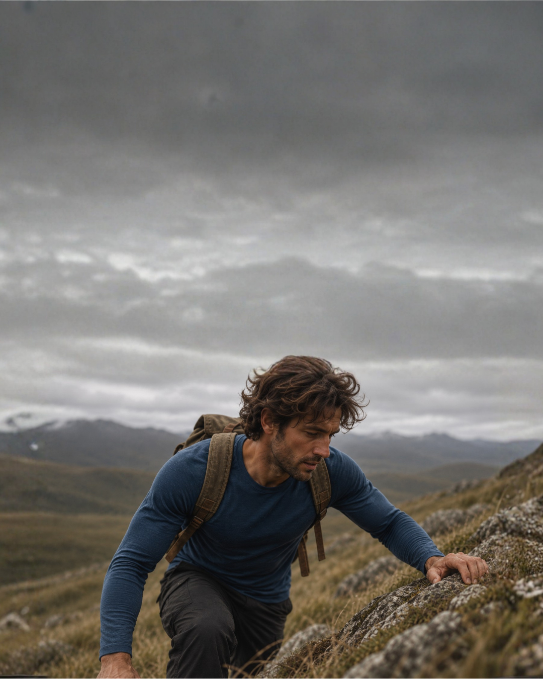 A man hikes up a grassy and rocky hillside under a heavily overcast sky, wearing a blue long-sleeved shirt and carrying a tan backpack. The background features distant rolling hills and a cloudy, gray horizon.