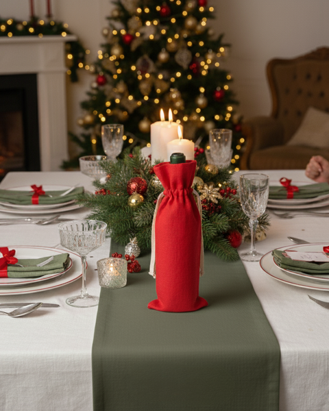 Red fabric wine bottle gift bag as Christmas table centerpiece — reusable wine bag for holiday parties, festive dinner décor.
