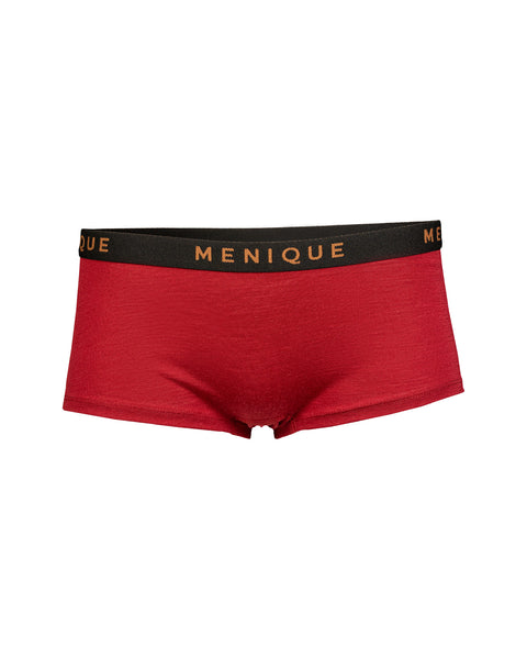 the women's merino boxer short briefs in royal cherry color.