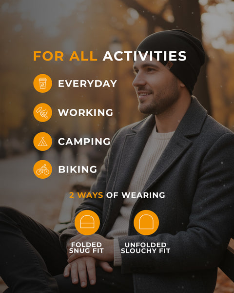 Mann sitzt auf einer Bank mit Text über Kleidung für verschiedene Aktivitäten und Trageweisen.