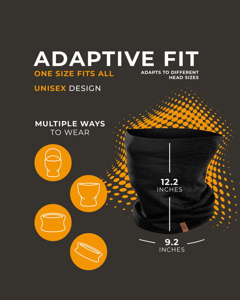 Schwarzes Stirnband mit orangefarbenem Text und Grafiken auf dunklem Hintergrund