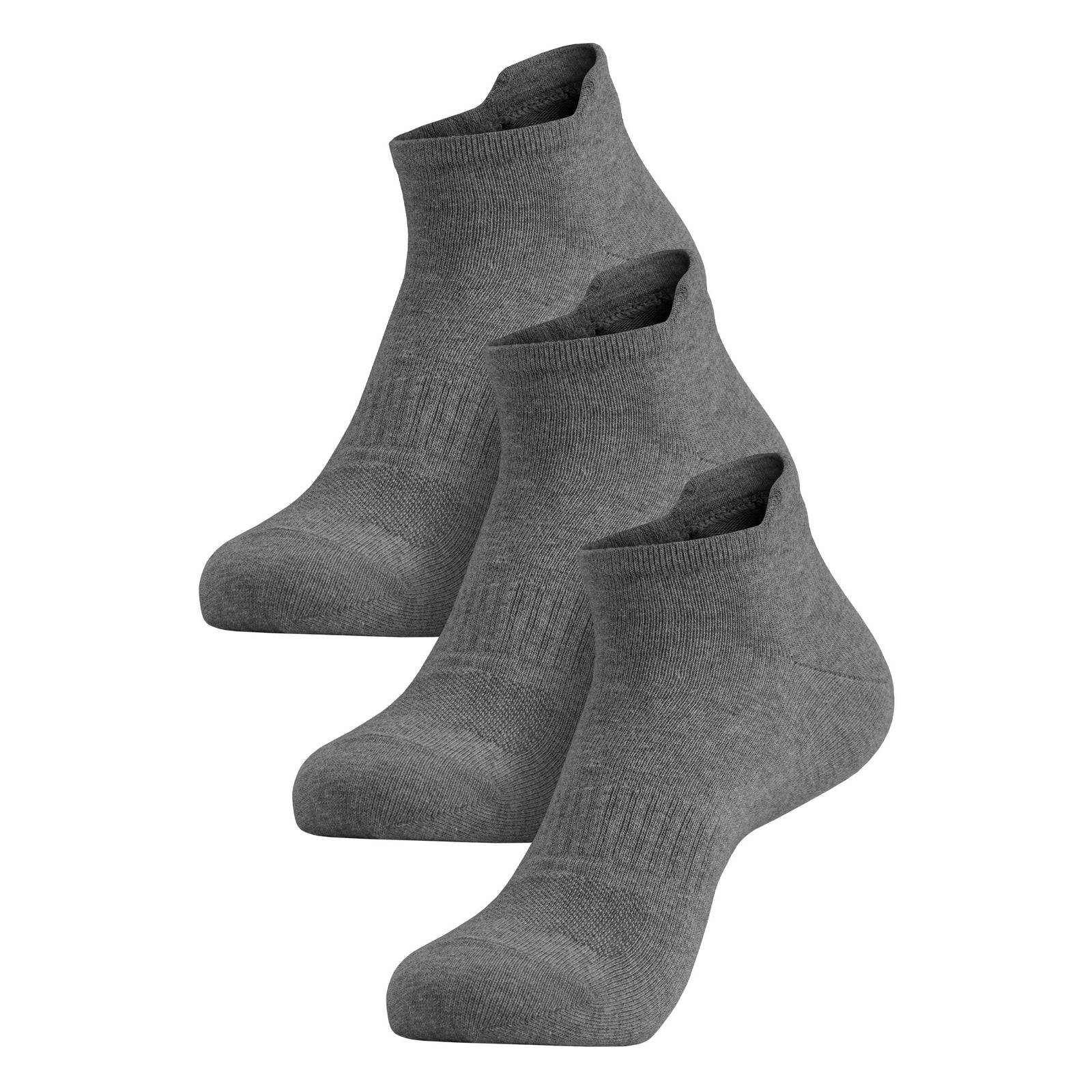 A three-pack of navy blue adult ankle socks arranged in a diagonal row against a white background.
