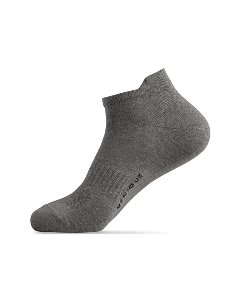 A side profile view of a gray ankle sock on a foot model, similar to the first image but with the "MENIQUE" logo visible on the side of the foot.