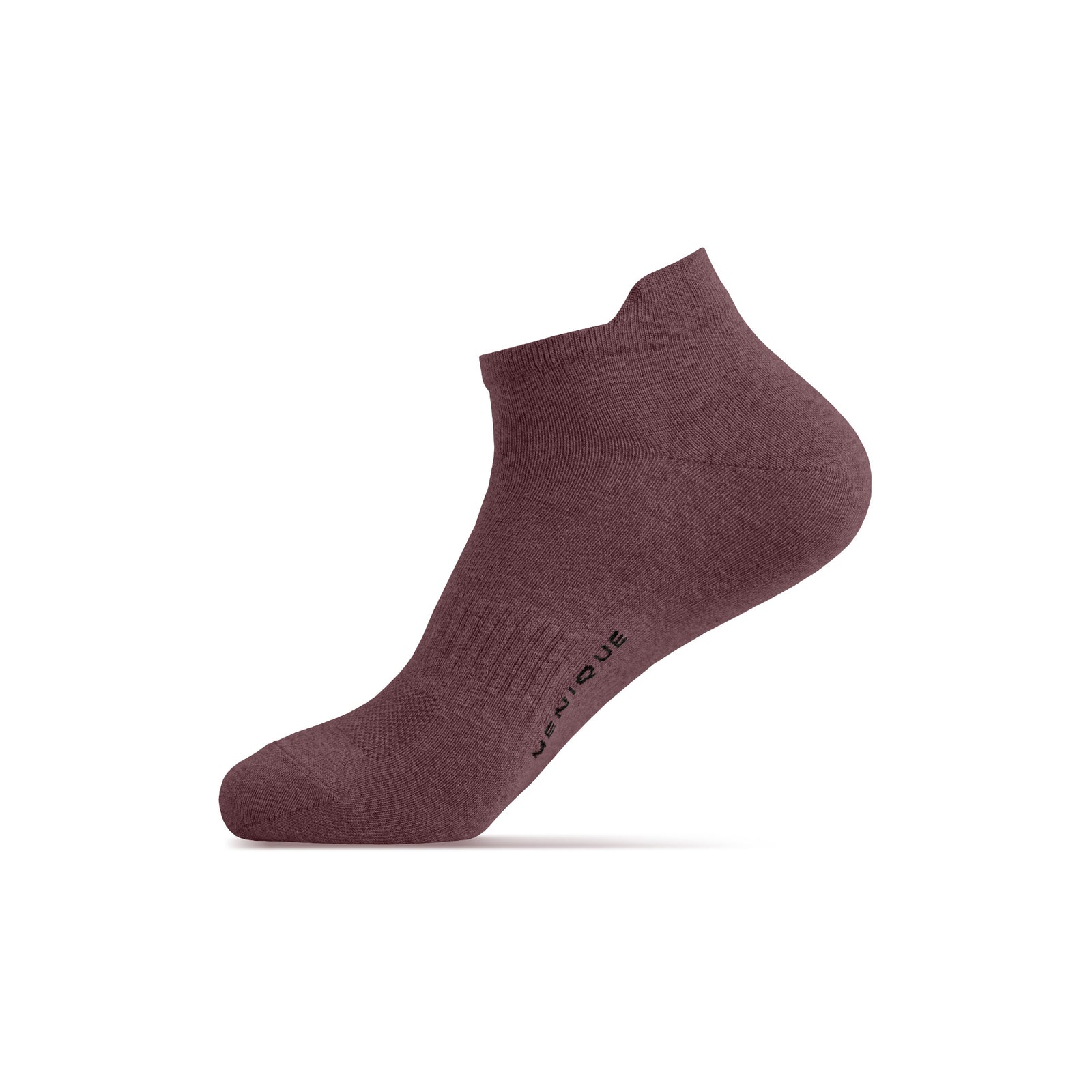 A single dark pink ankle sock shown on a foot model, angled to display the side profile and the top opening.