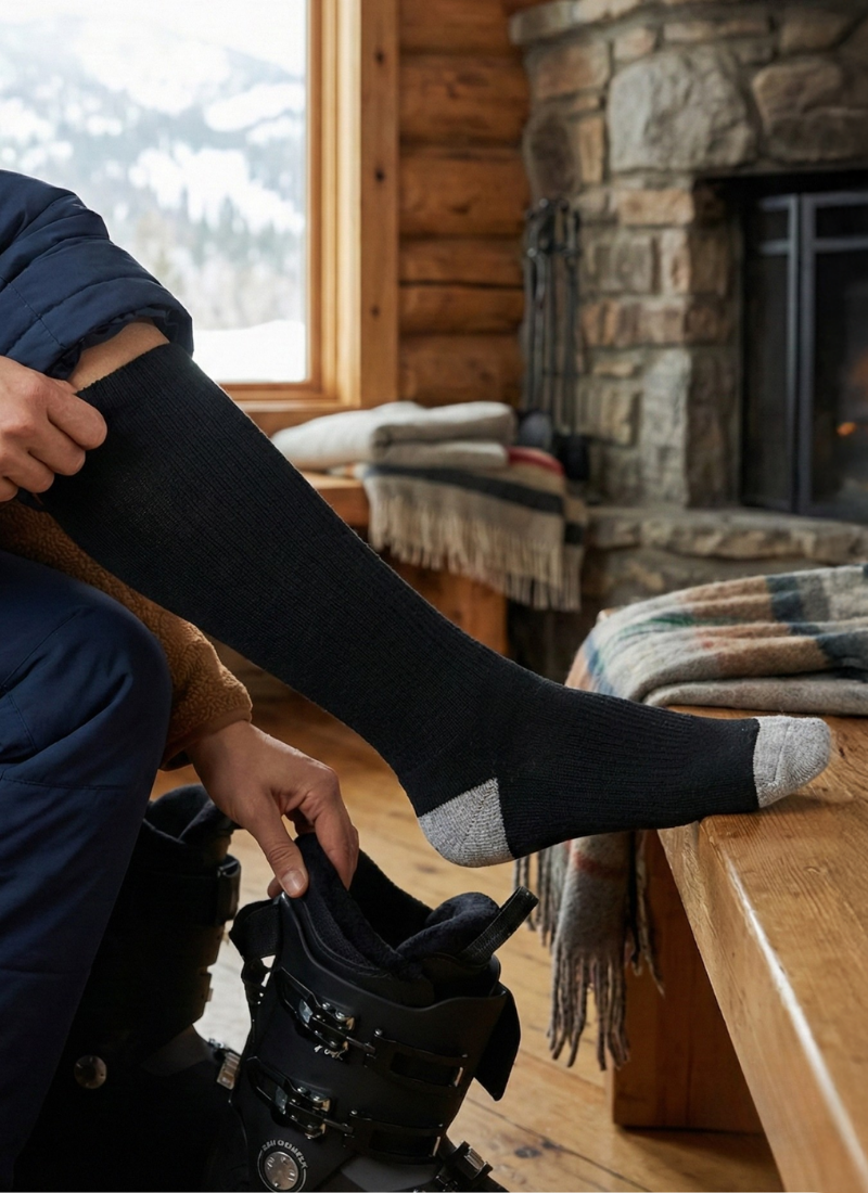 Close-up of a black thermal sock with reinforced heel and toe being worn indoors near a fireplace, emphasizing insulation and durability for cold-weather activities.