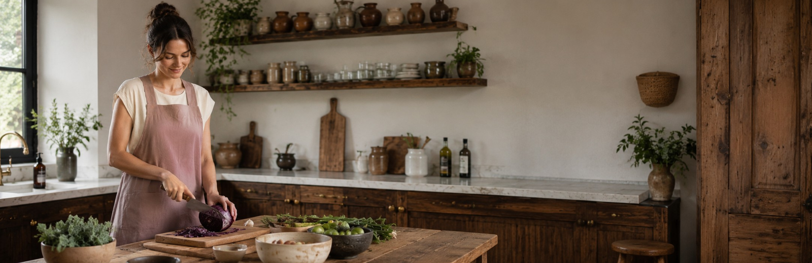 A smiling woman standing in a rustic, well-lit kitchen chopping green vegetables on a wooden cutting board, wearing a muted pink linen apron over a white t-shirt.