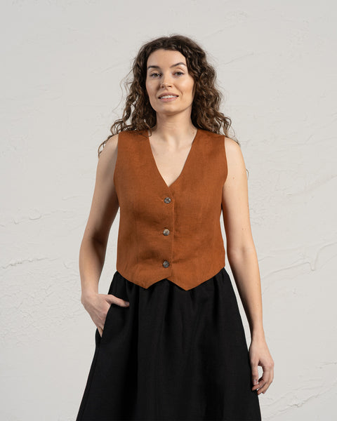 Linen vest in almond brown color