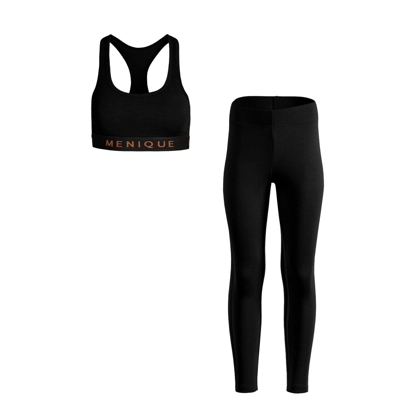 The menique women's merino wool sport bra in 160gsm and leggings in 250gsm fabric, black color.