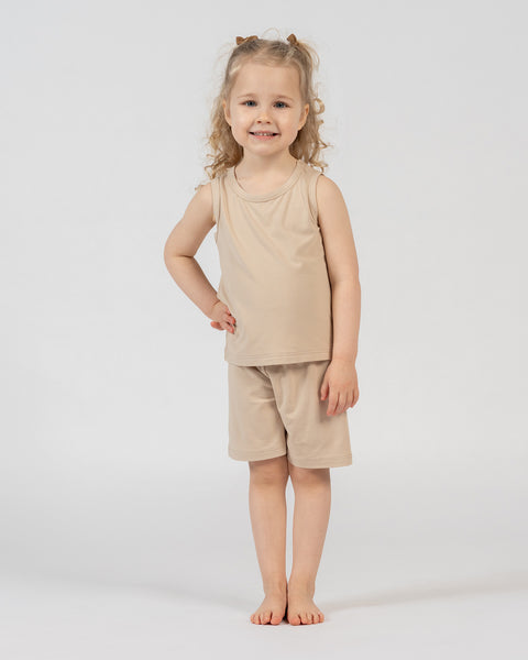 Kids beige bamboo sleeveless top and shorts set, soft and breathable outfit for warm days.