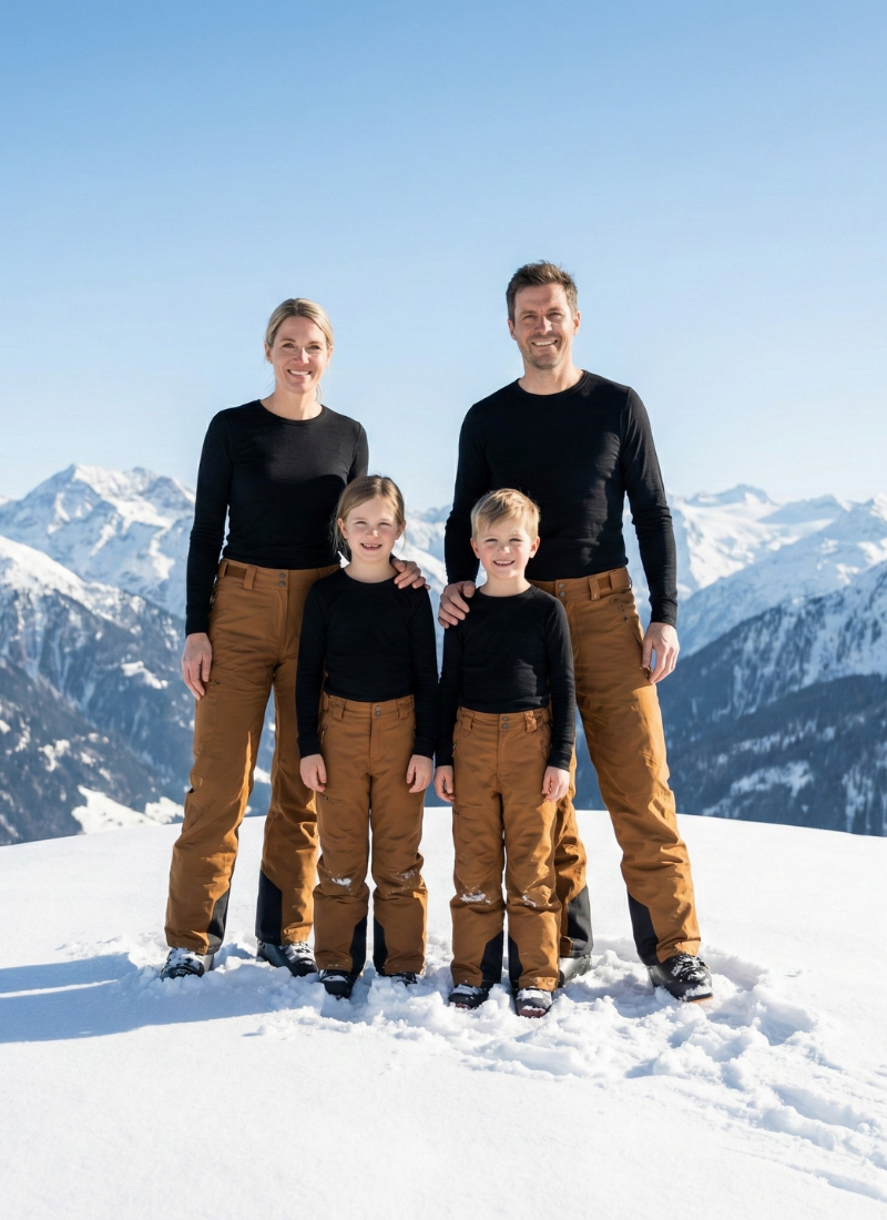 Family of four standing on a snowy mountain peak, wearing black base layer tops and brown thermal pants, with alpine mountains in the background.