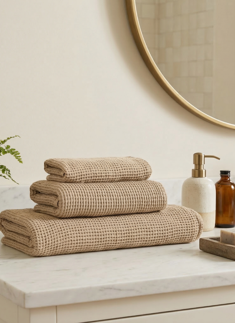 Stack of beige waffle towels on marble bathroom counter with minimalist decor and mirror