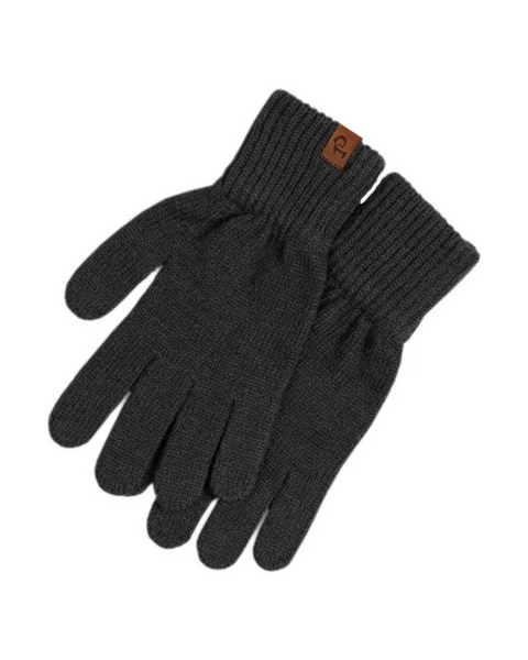 A pair of menique brand dark gray knit gloves with ribbed cuffs. A small, rectangular tan leather tag with the "menique" logo is visible on the cuff of the left glove. The gloves are laid flat against a white background.