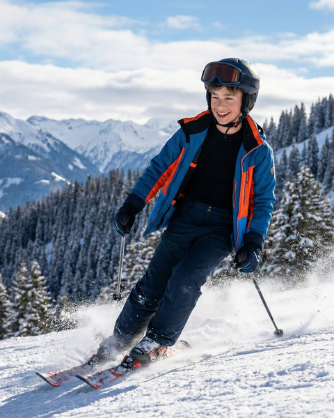 Smiling child skiing downhill on a snowy mountain wearing a blue and orange winter jacket, helmet, and black base layer — kids skiing in winter landscape.