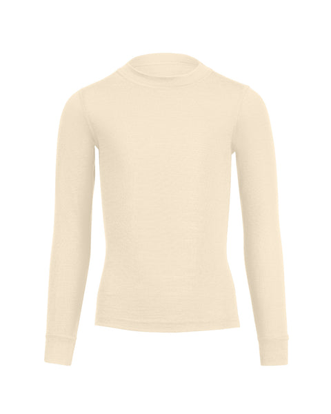 A menique long lseeve 160gsm merino kids' top in natural color, front view.