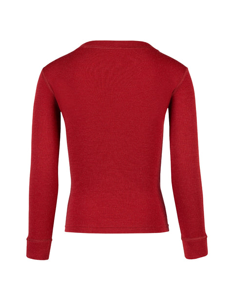 Back view of the kids' menique merino 250gsm long sleeve top, in royal cherry color, white background.