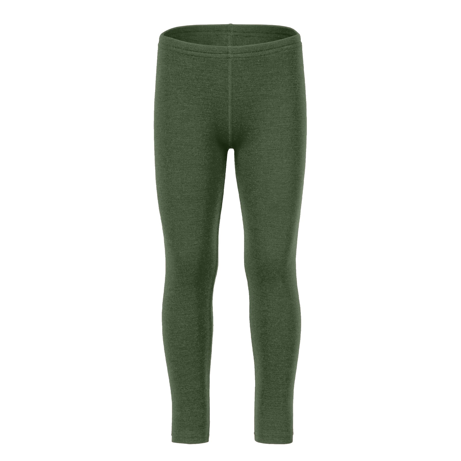 Child wearing merino wool menique leggings in the color dark green