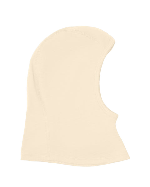 Side-profile product view of an off-white or cream knit balaclava hood against a plain white background.
