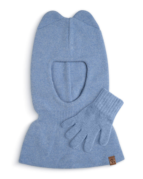 Blue knit balaclava and gloves set on a white background