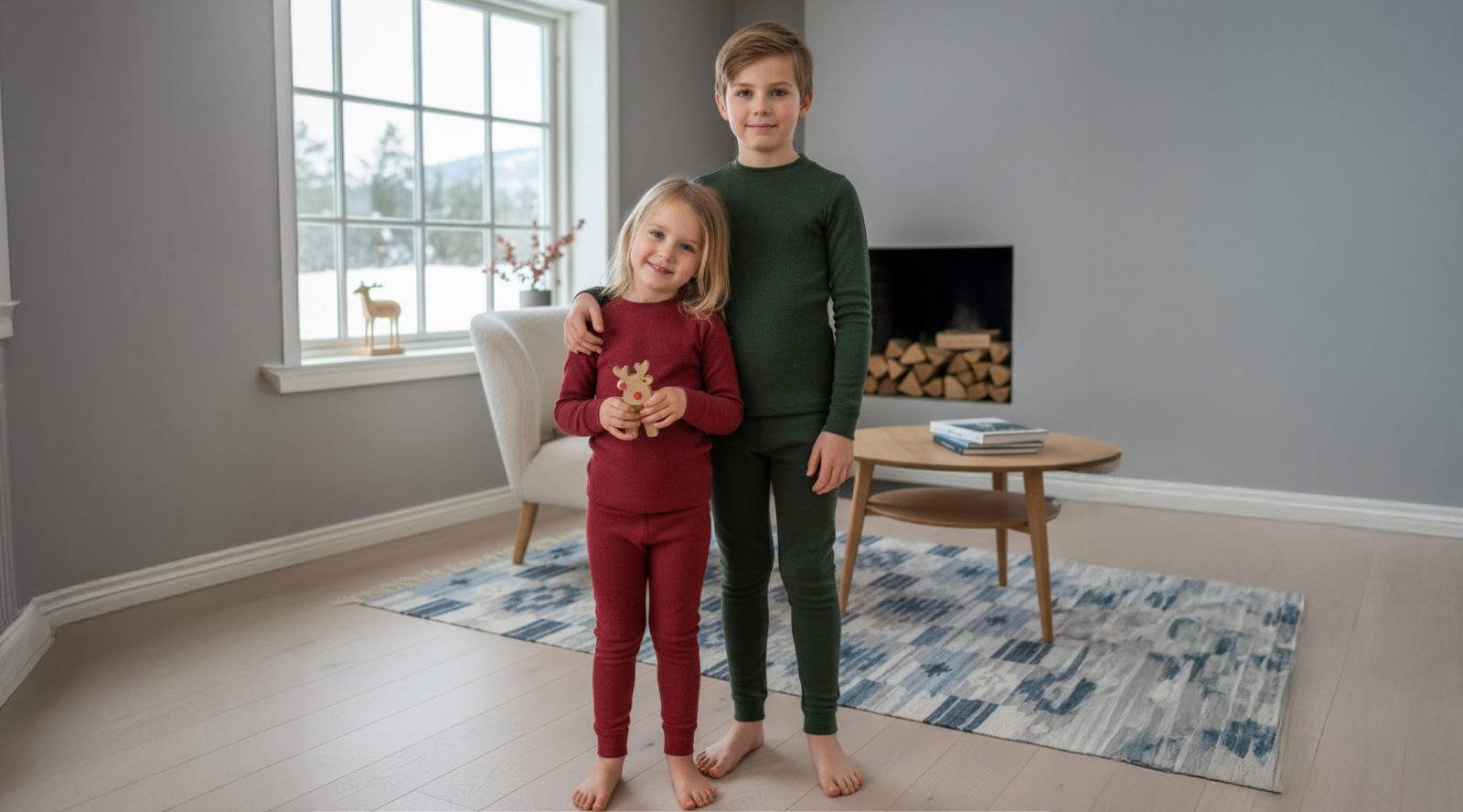 A young boy and girl standing barefoot together in a cozy living room, smiling at the camera. The boy, wearing a dark green long-sleeved thermal set, has his arm around the girl's shoulder. The girl is wearing a burgundy long-sleeved thermal set and holding a small wooden reindeer toy. The background features a patterned rug, a wooden coffee table, a fireplace with stacked wood, and a window overlooking a snowy winter landscape.