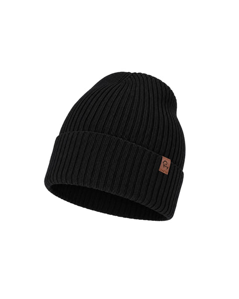 A black ribbed knit beanie featuring a folded brim with a small brown square logo tag on the side, displayed against a plain white background.