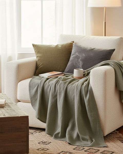 A comfortable cream armchair with green and gray pillows, draped with a stone-green linen blanket, next to a wooden coffee table holding a steaming mug and an open book in a bright, inviting living room.