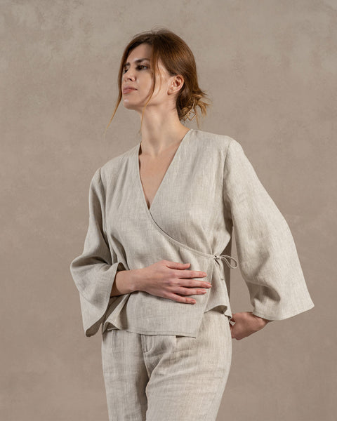 Linen wrap top Thea in Natural color matched with Linen pleated pants Lotus in Natural color