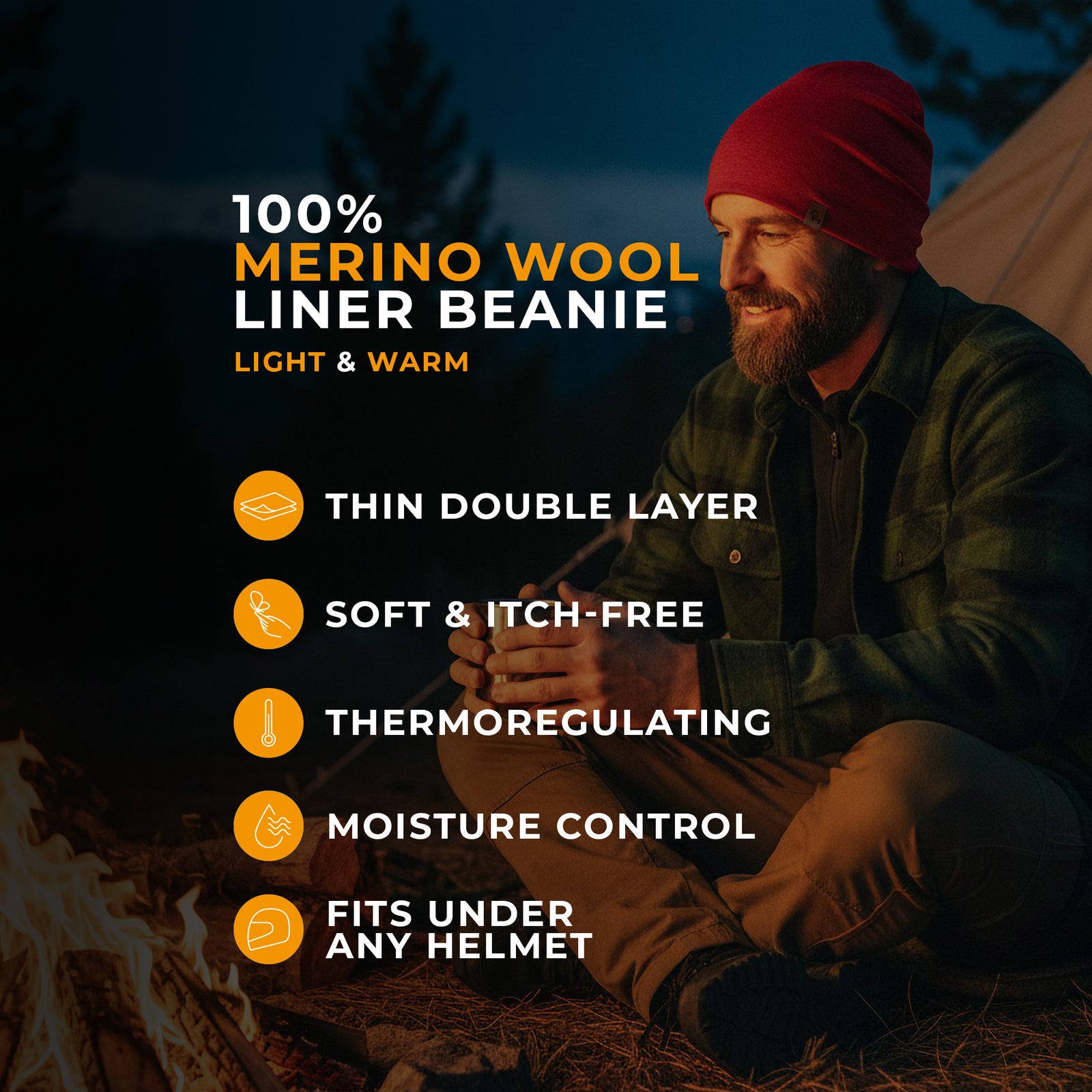 A man with short brown hair and a beard is shown in a profile view, wearing a spicy yellow merino wool beanie and a black t-shirt. He appears to be looking off to the left. The background is plain white.