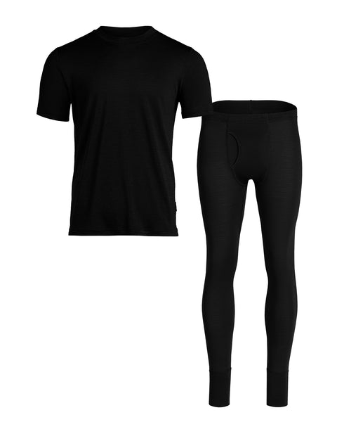 Packshot of merino wool mens short sleeve top and bottoms set