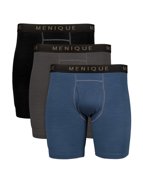 Three pairs of MENIQUE men's boxer briefs in black, dark gray, and heathered blue, arranged in a stacked fan layout on a solid white background.