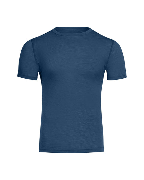 The menique men's 160 Merino wool T-Shirt in denim color, white background.