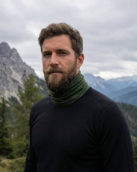 Man wearing dark green merino wool long neck gaiter in mountain landscape, breathable temperature-regulating neck protection for hiking and outdoor activities