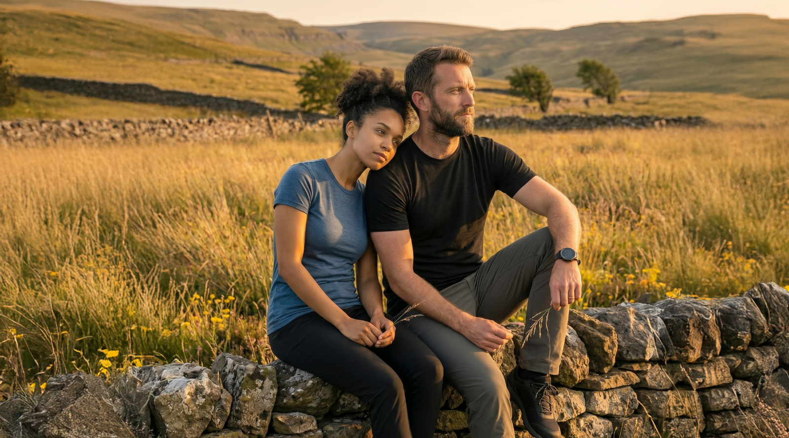 A woman in a blue t-shirt resting her head on the shoulder of a man in a black t-shirt. They are sitting together on a rustic stone wall in a sunlit field, both looking off into the distance.