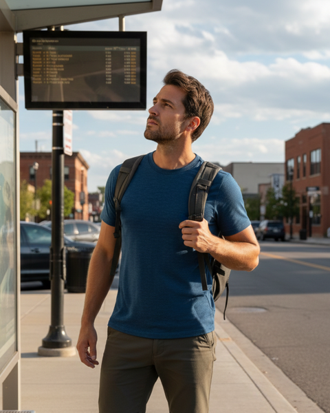Man wearing blue merino t-shirt at a city bus stop with backpack