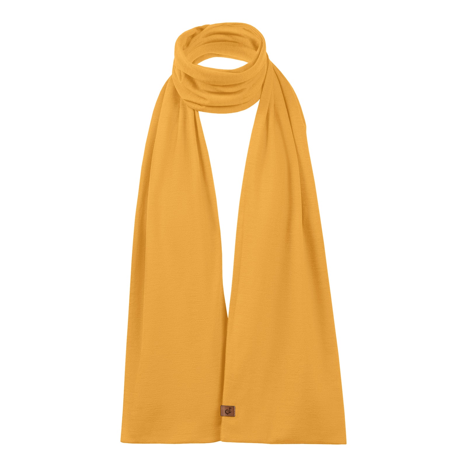 Long yellow merino wool scarf isolated on white background, breathable natural wool accessory for men and women.